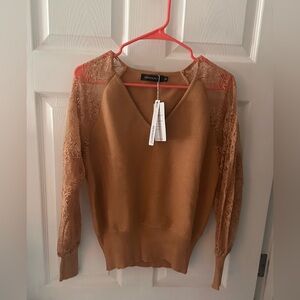 Elegant Brown Sweater with Lace Sleeves